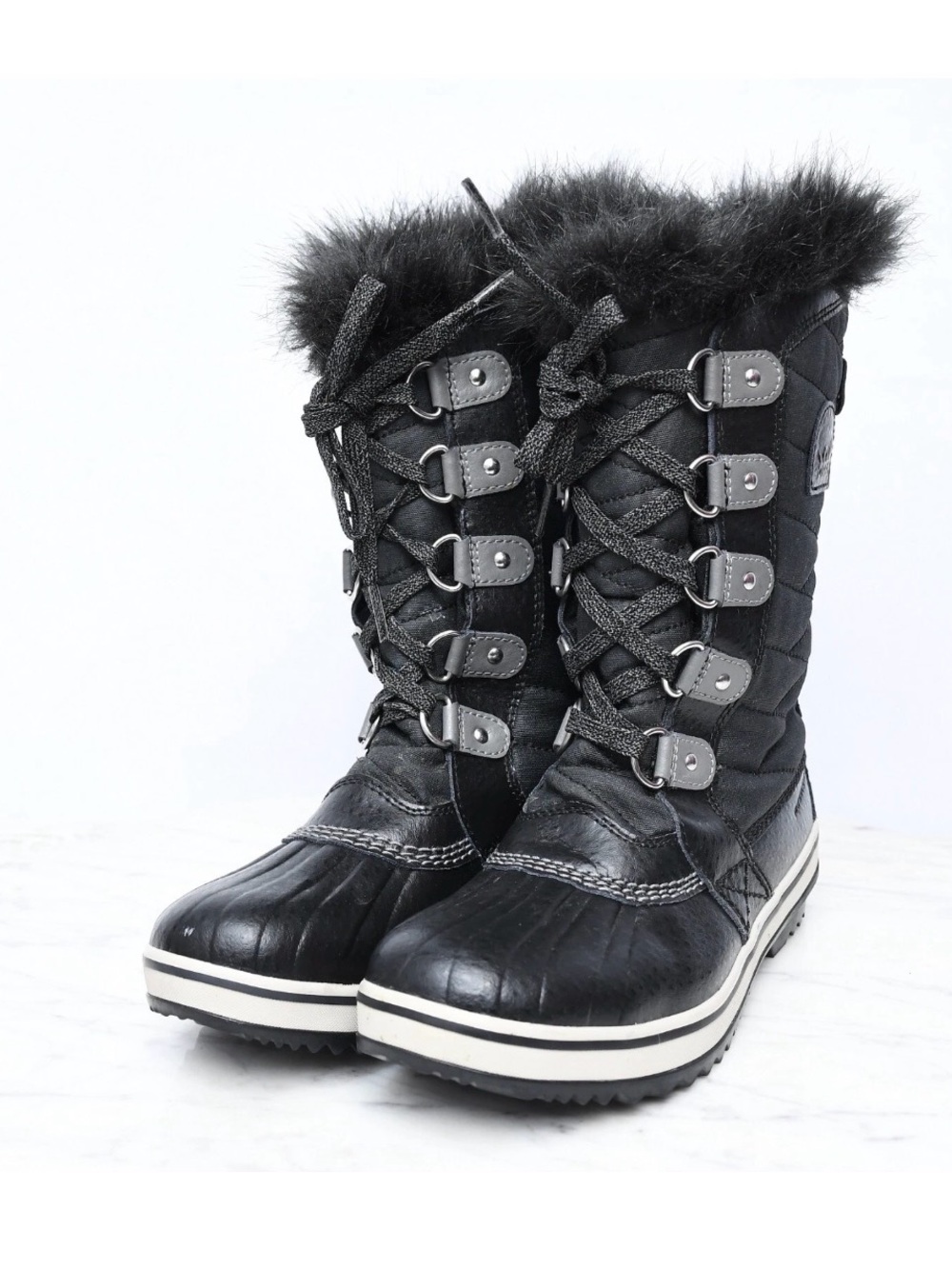 Sorel Black Quilted Lace-Up Winter Boots with Faux Fur Collar